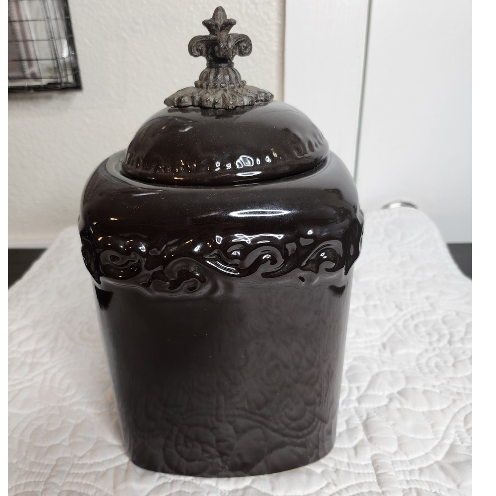 Drake Design Coffee Brown Tuscan‎ Scroll Fleur De Lis Canister Ceramic